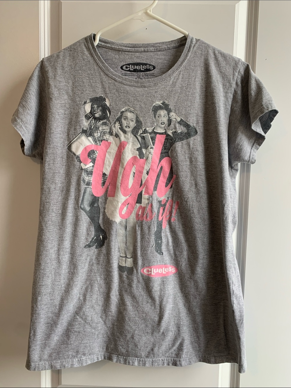 Clueless Women's Gray Short Sleeve Tee with Pink Script Graphic